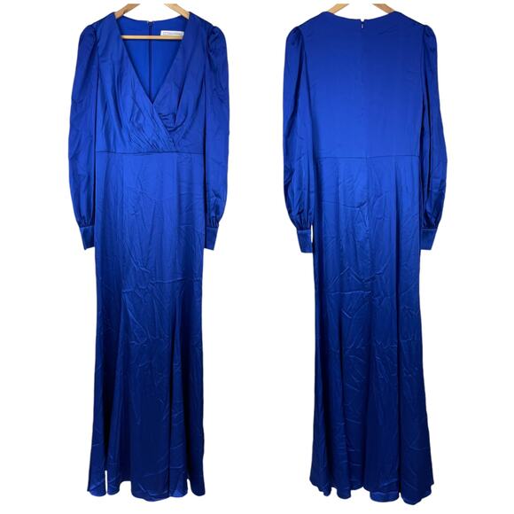 Mac Duggal NWT Satin Ruched Bishop Sleeve Gown Royal Blue Size 8 V-neck - Picture 4 of 11
